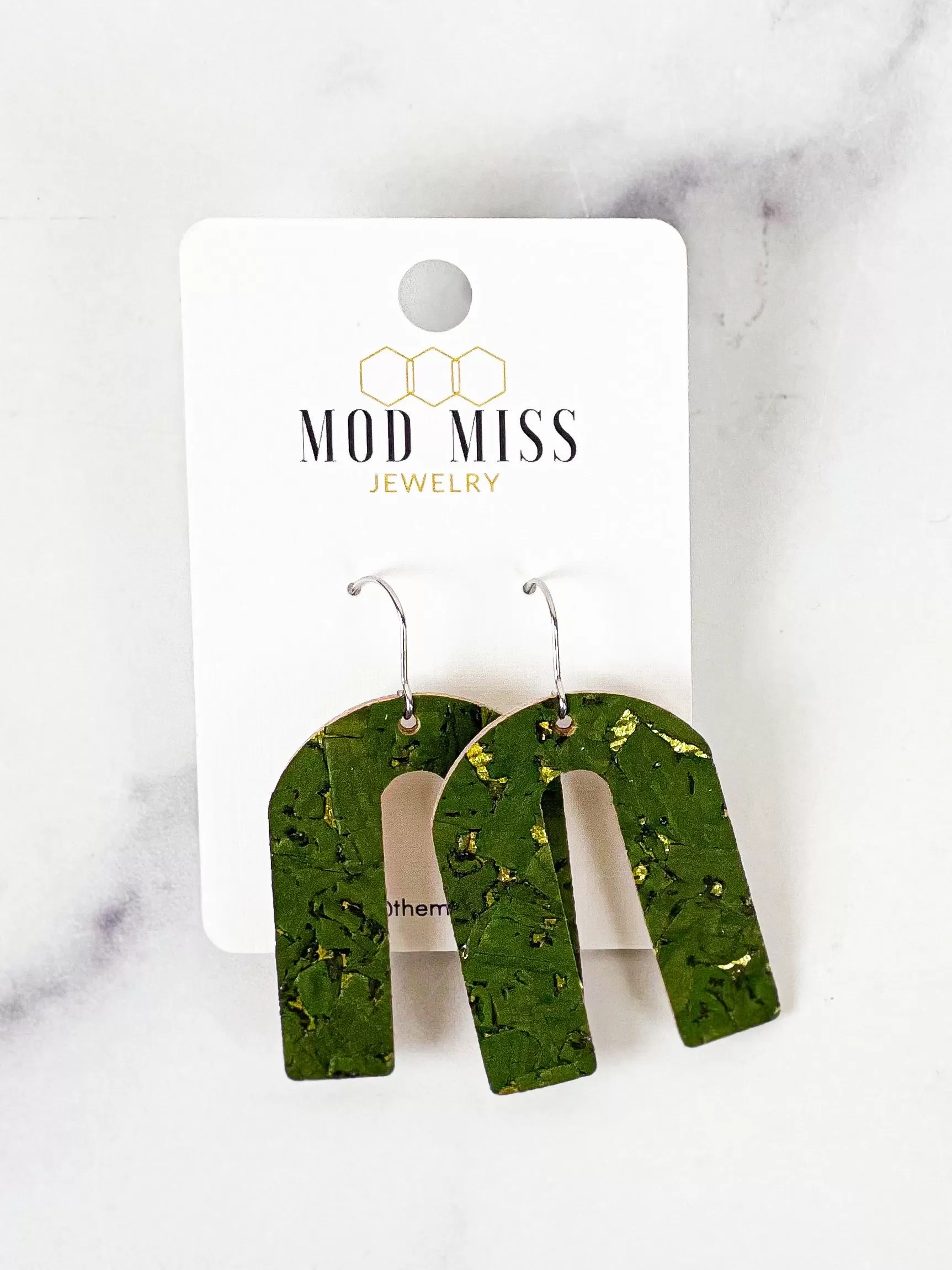 Cork Leather Arch Earring Olive Green with Gold Specks