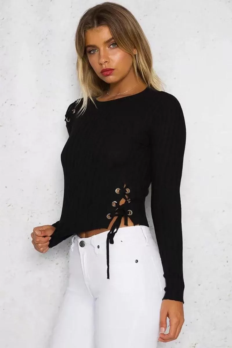 CROPPED LACE-UP ONE SHOULDER, ONE SIDE SWEATER