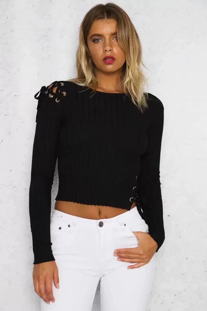 CROPPED LACE-UP ONE SHOULDER, ONE SIDE SWEATER