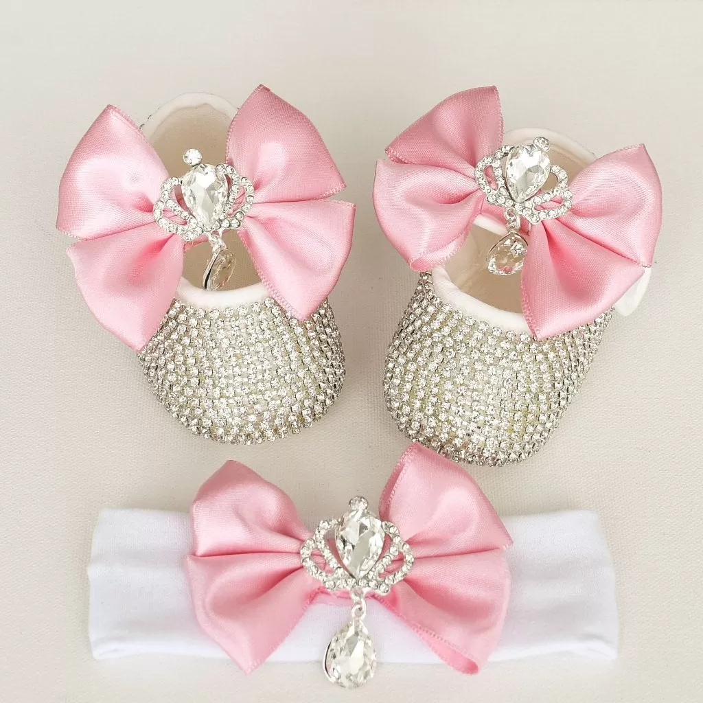 Crown Charm Satin Bow Baby Shoes