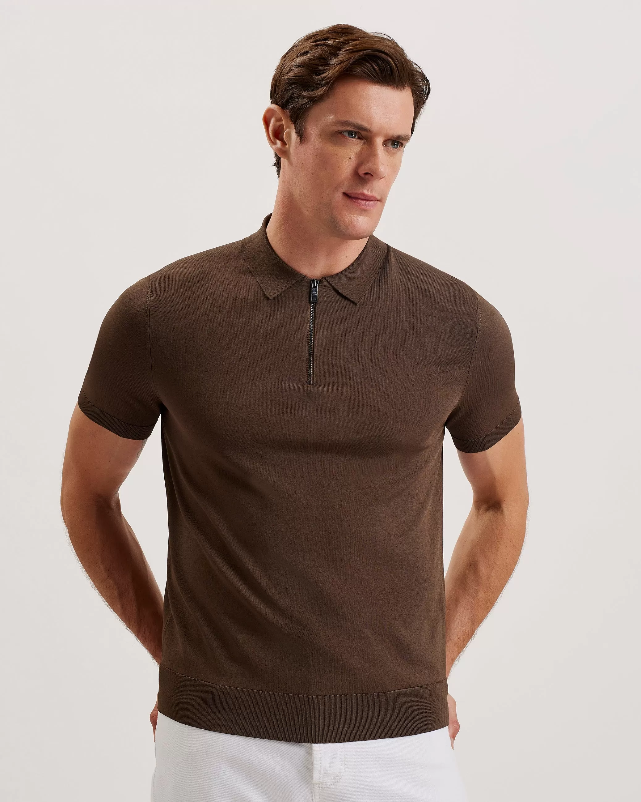 Daldin Short Sleeve Rayon Zip Polo Shirt Dk-Brown