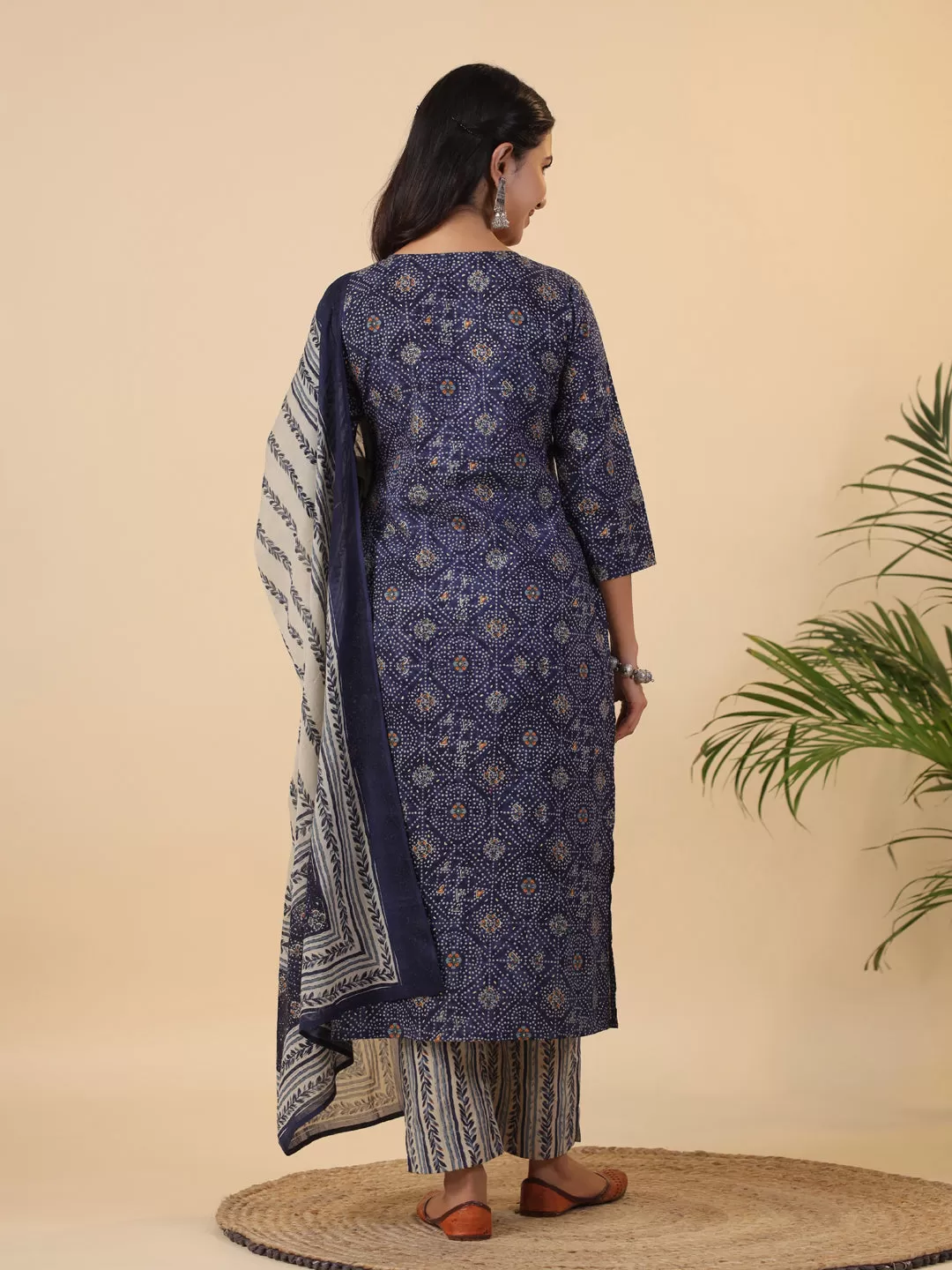 Dark Blue Cotton Bandhani Straight Kurta Set