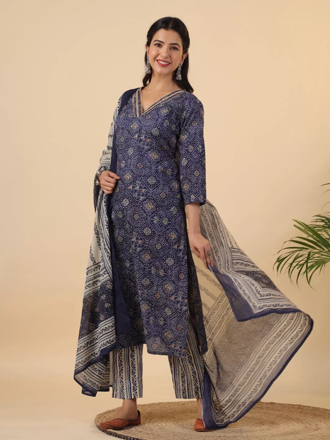 Dark Blue Cotton Bandhani Straight Kurta Set