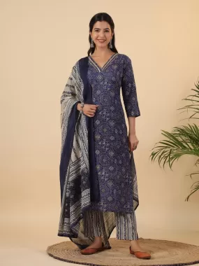 Dark Blue Cotton Bandhani Straight Kurta Set