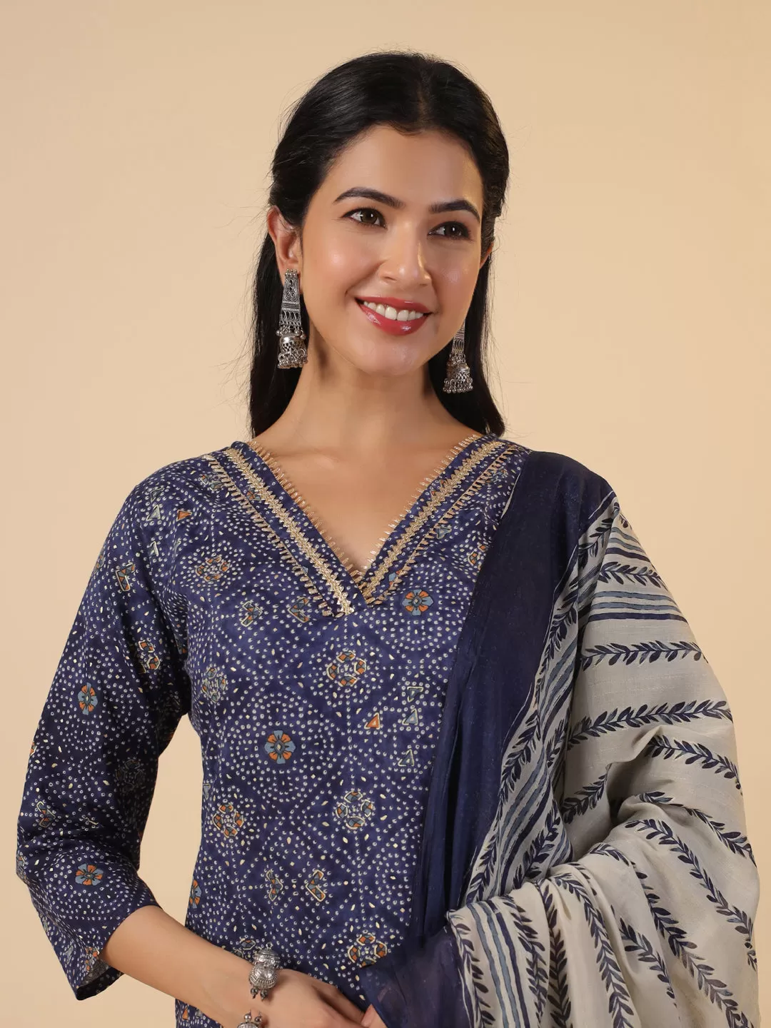 Dark Blue Cotton Bandhani Straight Kurta Set