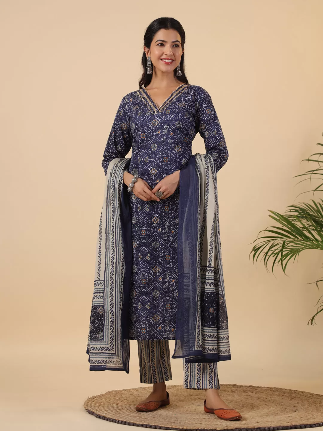 Dark Blue Cotton Bandhani Straight Kurta Set