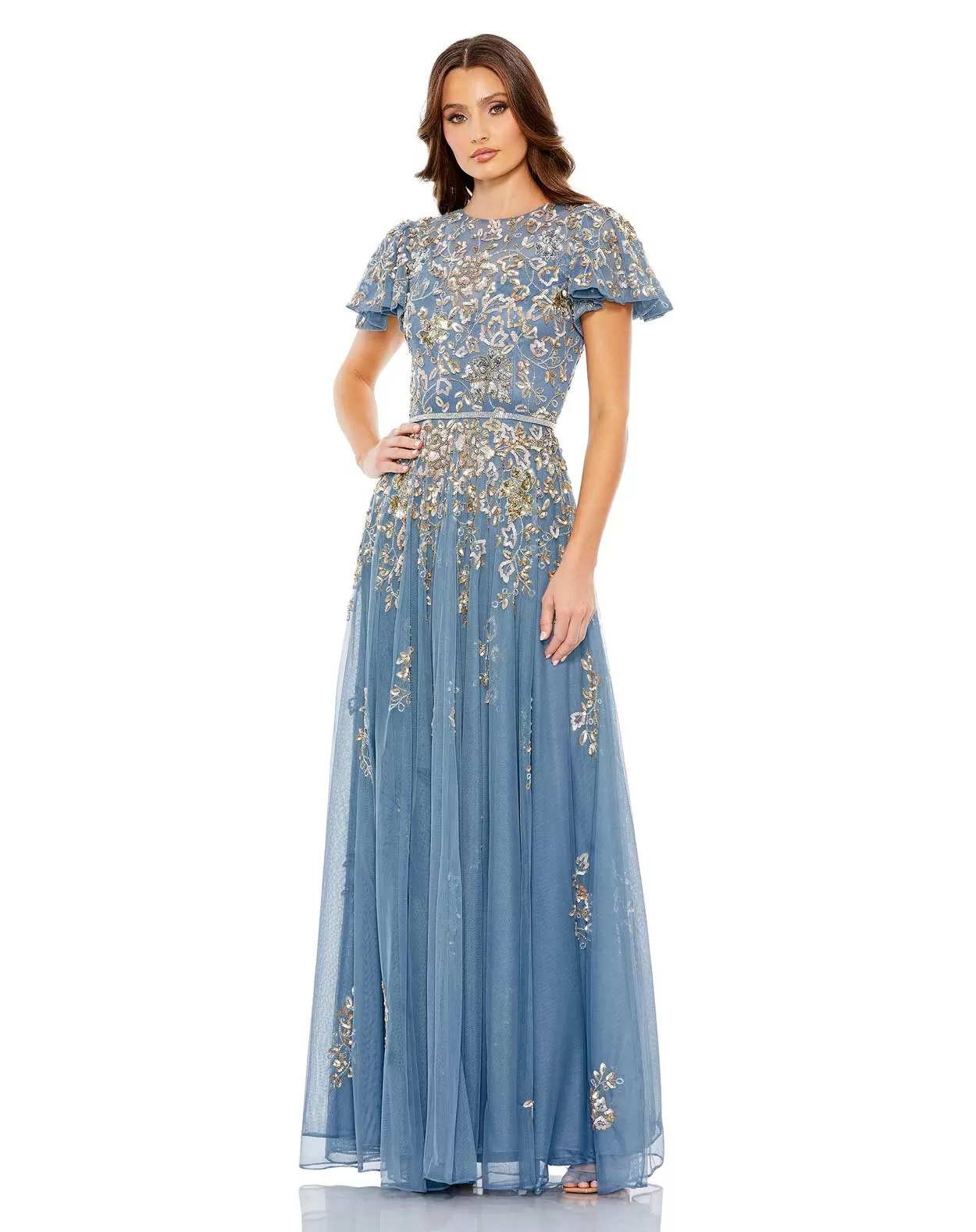 Embellished Butterfly Sleeve High Neck Gown