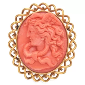 Estate Shreve & Co. 14K Yellow Gold Salmon Coral Cameo Brooch Pin