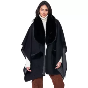 Faux Fur Trimmed Front Pockets Ruana Poncho