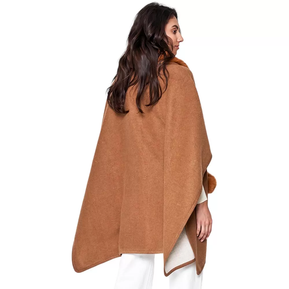 Faux Fur Trimmed Front Pockets Ruana Poncho