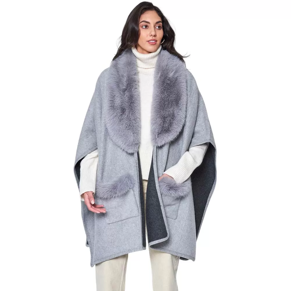 Faux Fur Trimmed Front Pockets Ruana Poncho