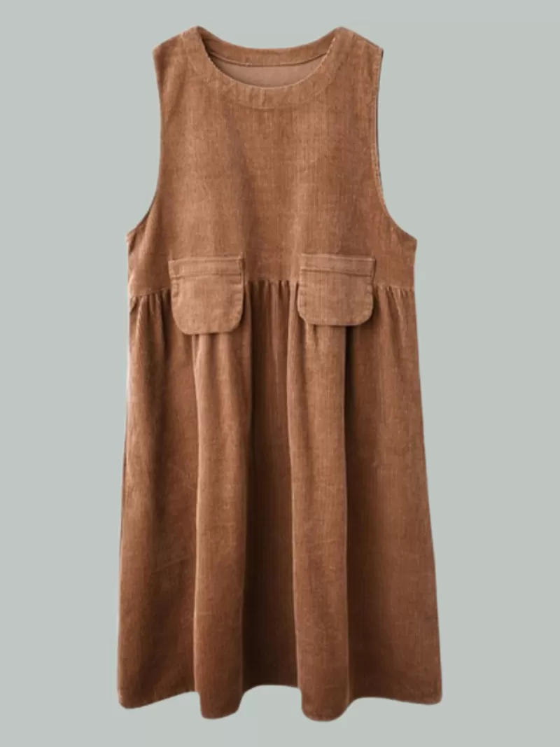 Female Sleeveless Thin Line Loose Striped Velvet Mid-Length Corduroy A-Line Dress