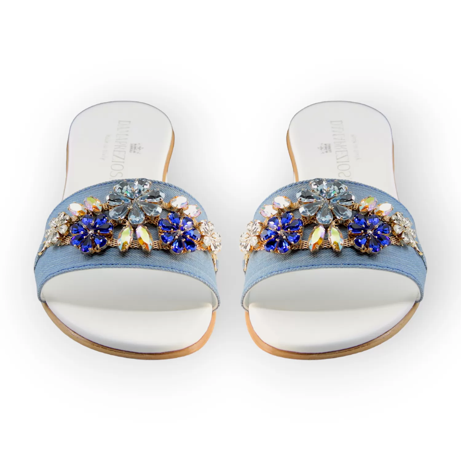 Flora Denim Mule Sandals With Sapphire Crystals