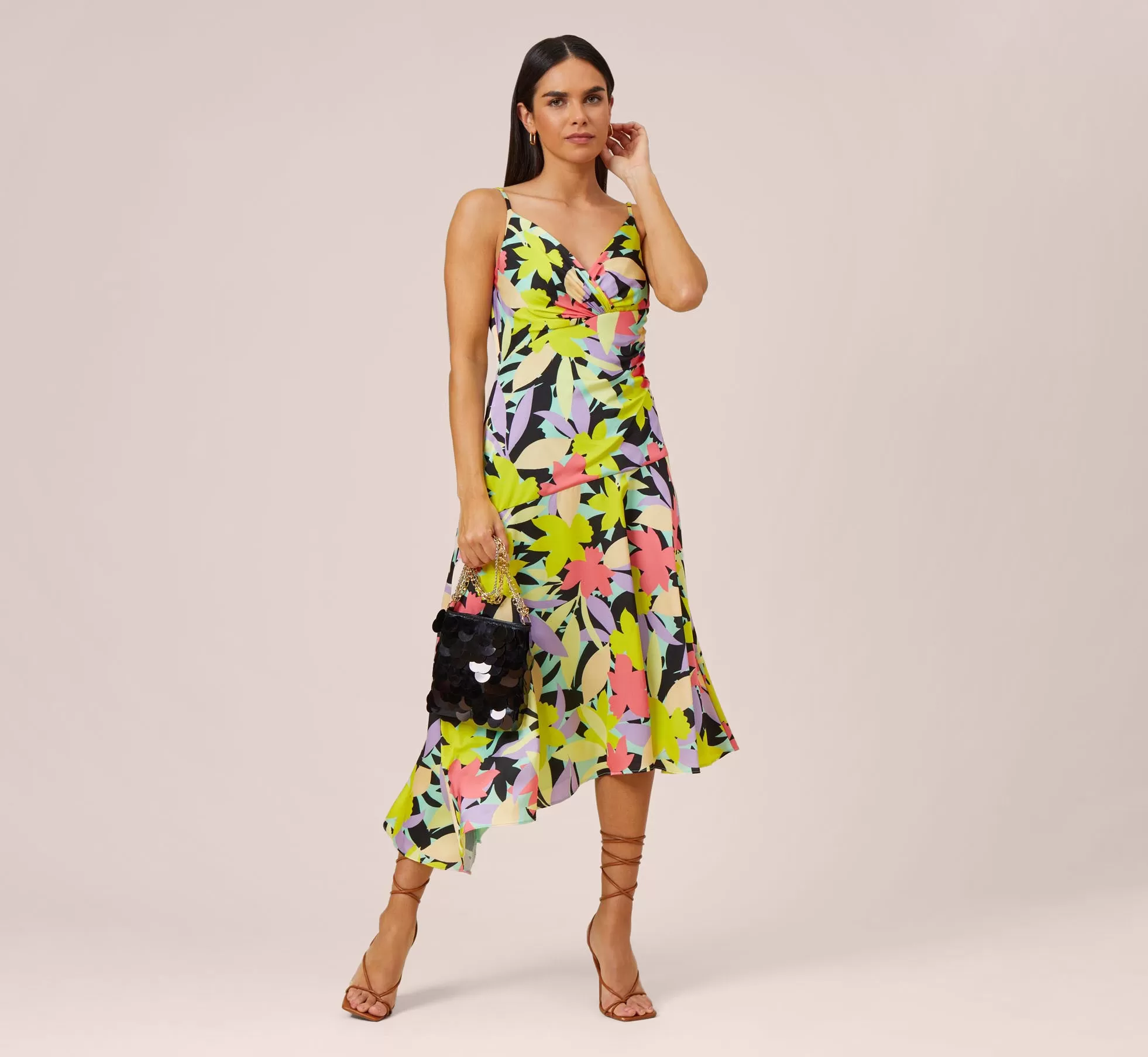 Floral-Print Asymmetrical Midi-Length Cocktail Dress In Coral Multi