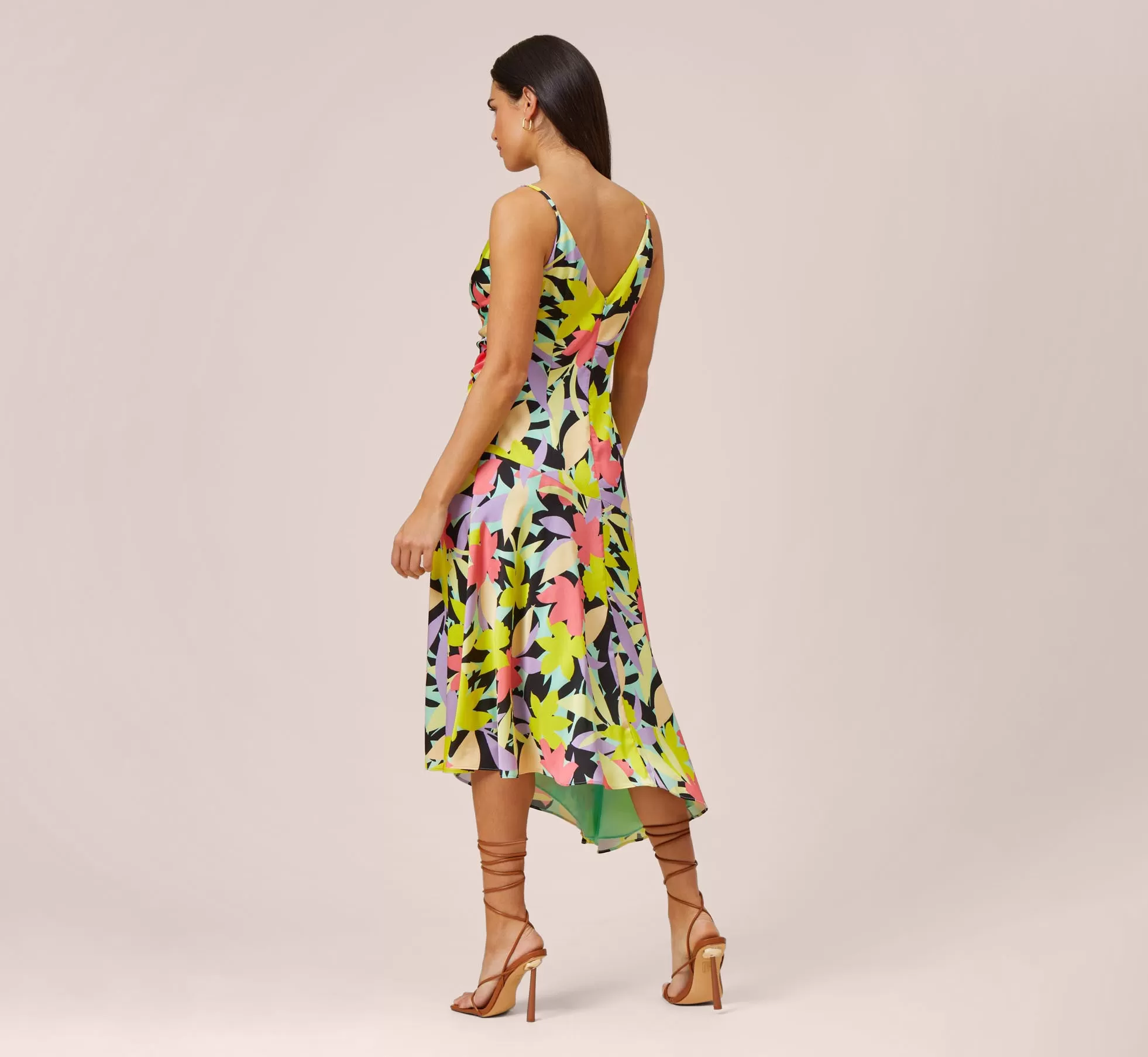 Floral-Print Asymmetrical Midi-Length Cocktail Dress In Coral Multi