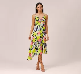 Floral-Print Asymmetrical Midi-Length Cocktail Dress In Coral Multi