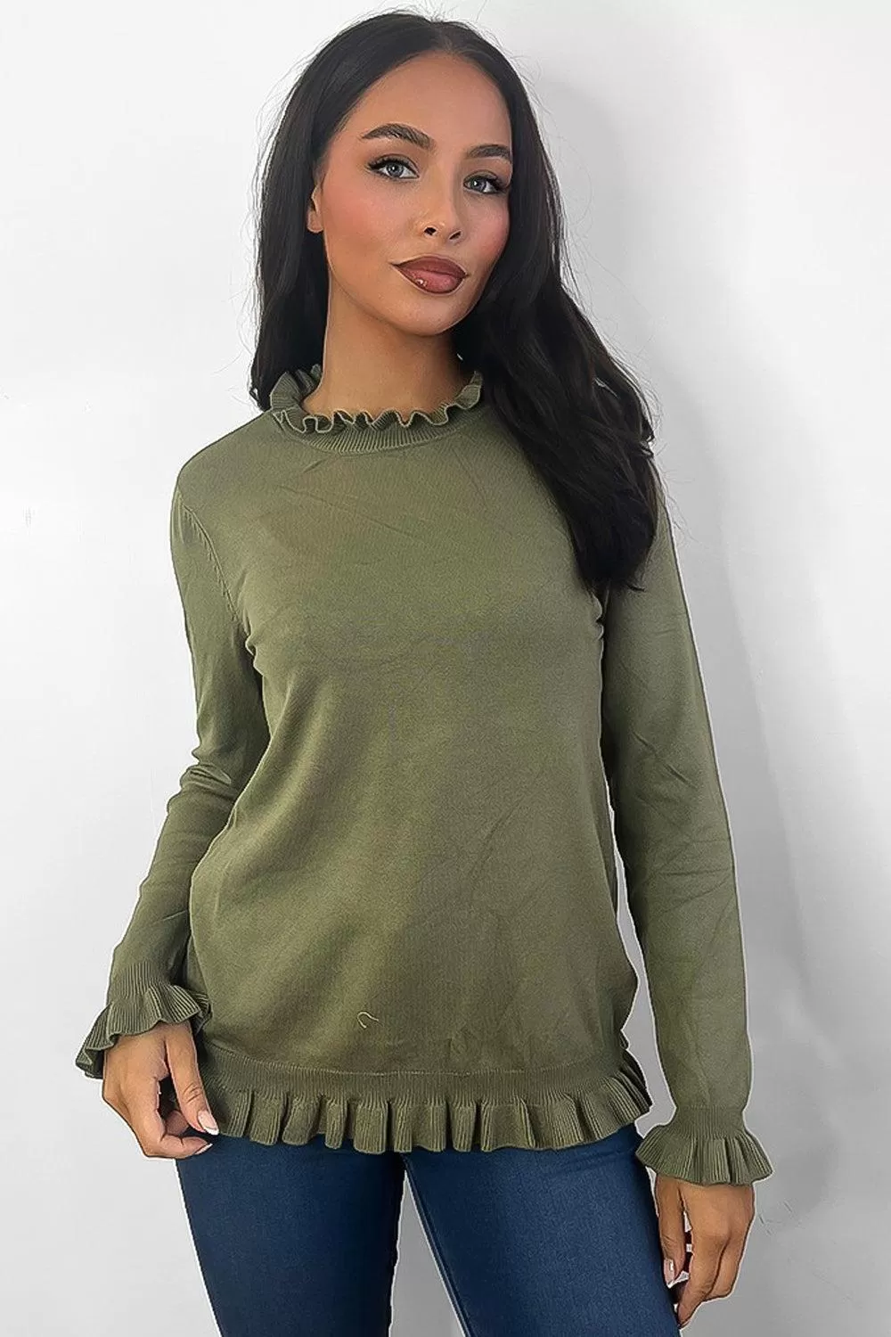 Frilled High Neck And Sleeves Thin Pullover