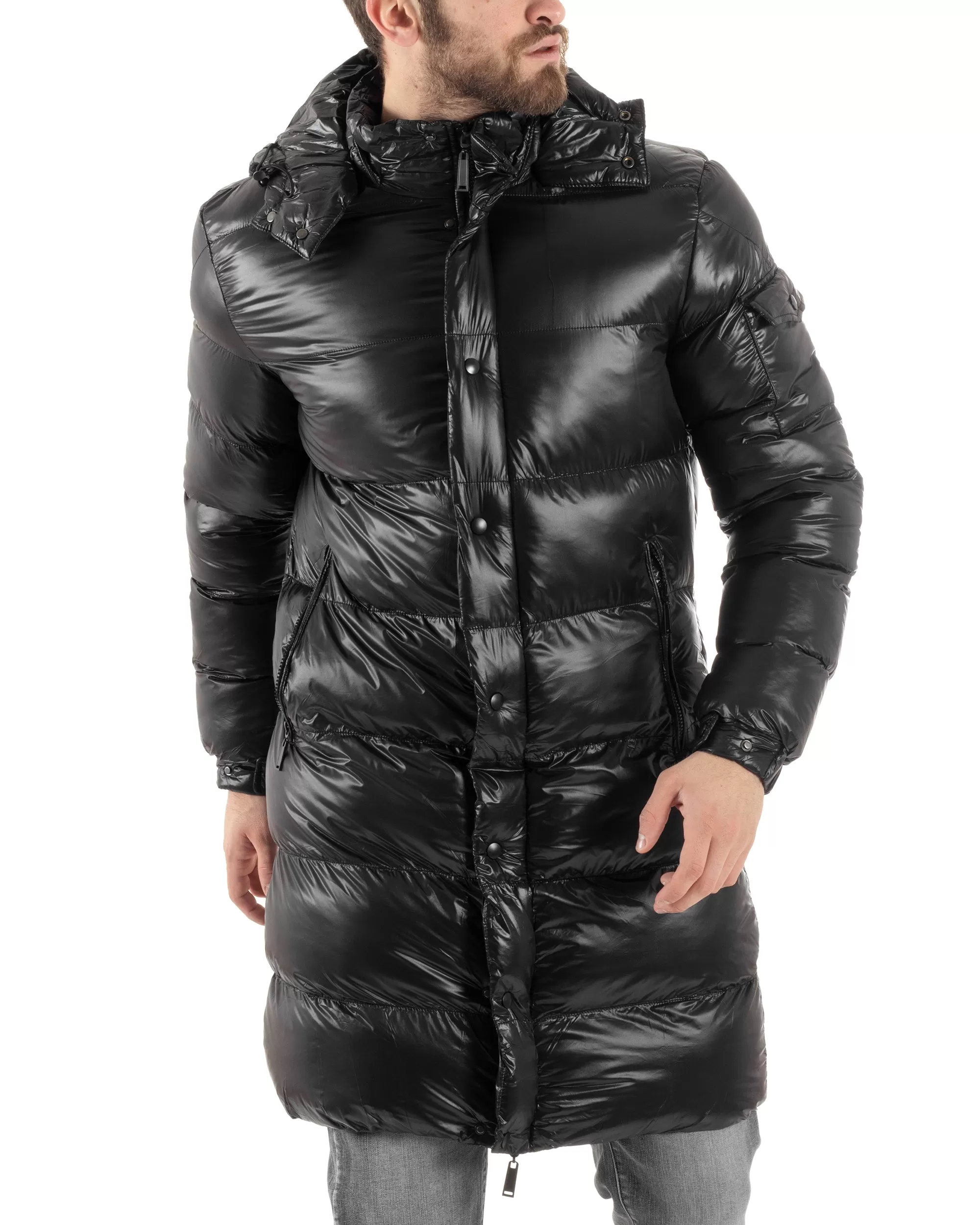 Giubbotto Piumino Lungo Uomo Tinta Unita Nero Cappuccio Puffer Imbottito GIOSAL-G3152A