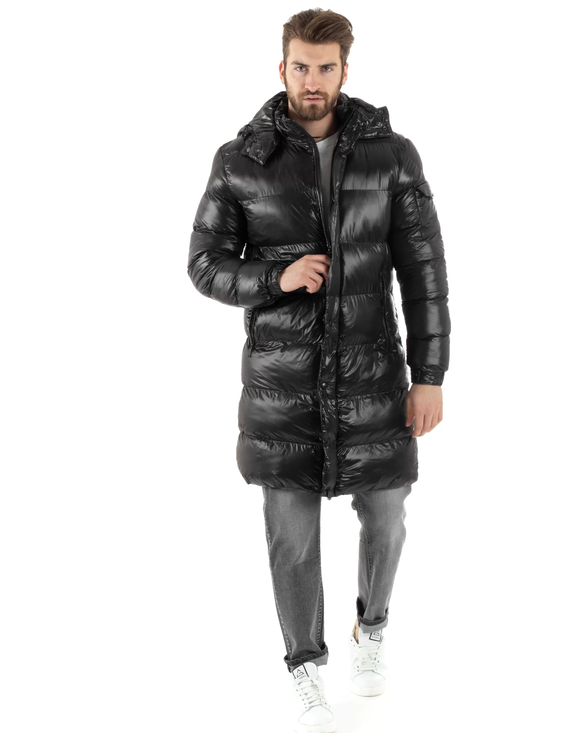 Giubbotto Piumino Lungo Uomo Tinta Unita Nero Cappuccio Puffer Imbottito GIOSAL-G3152A