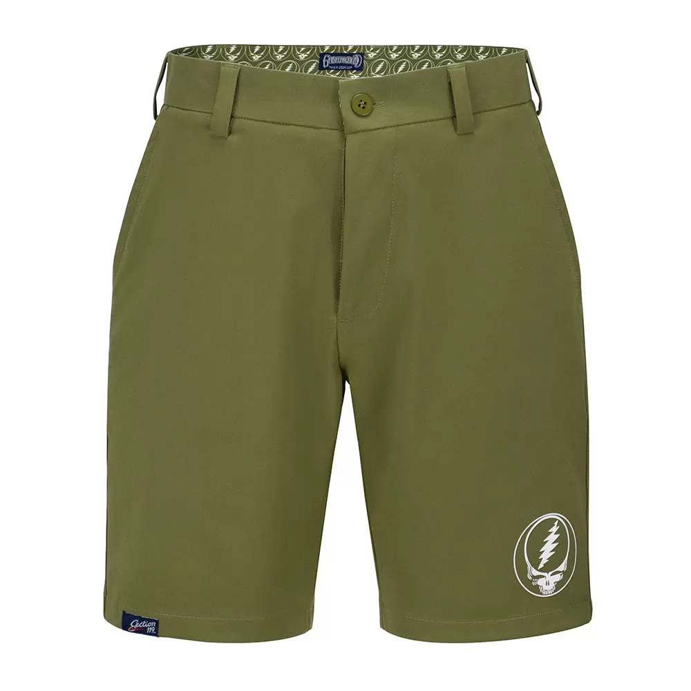 Grateful Dead| Elevated Hybrid Shorts | White Stealie in Olive Green