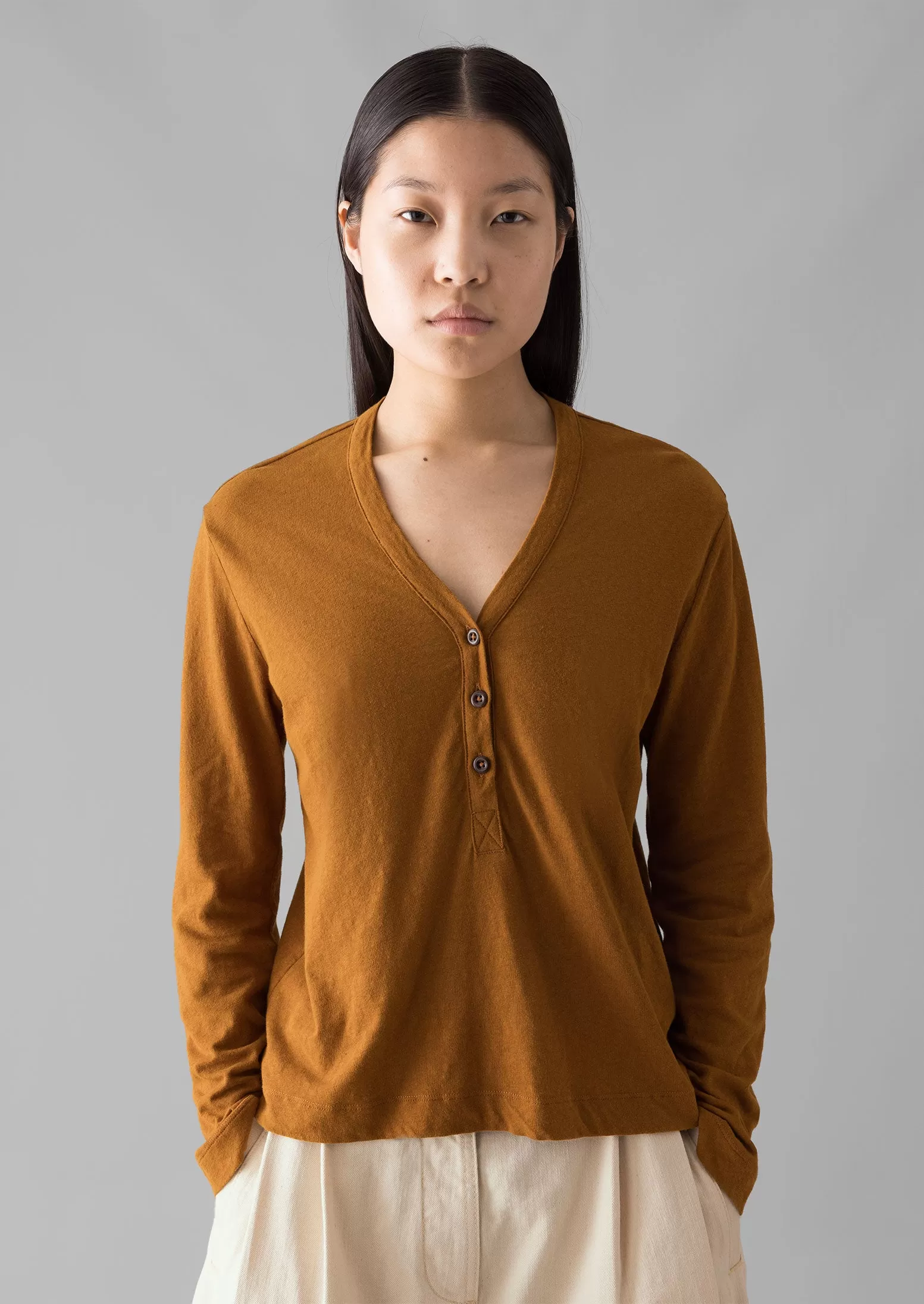 Half Placket Cotton Linen Tee | Cumin