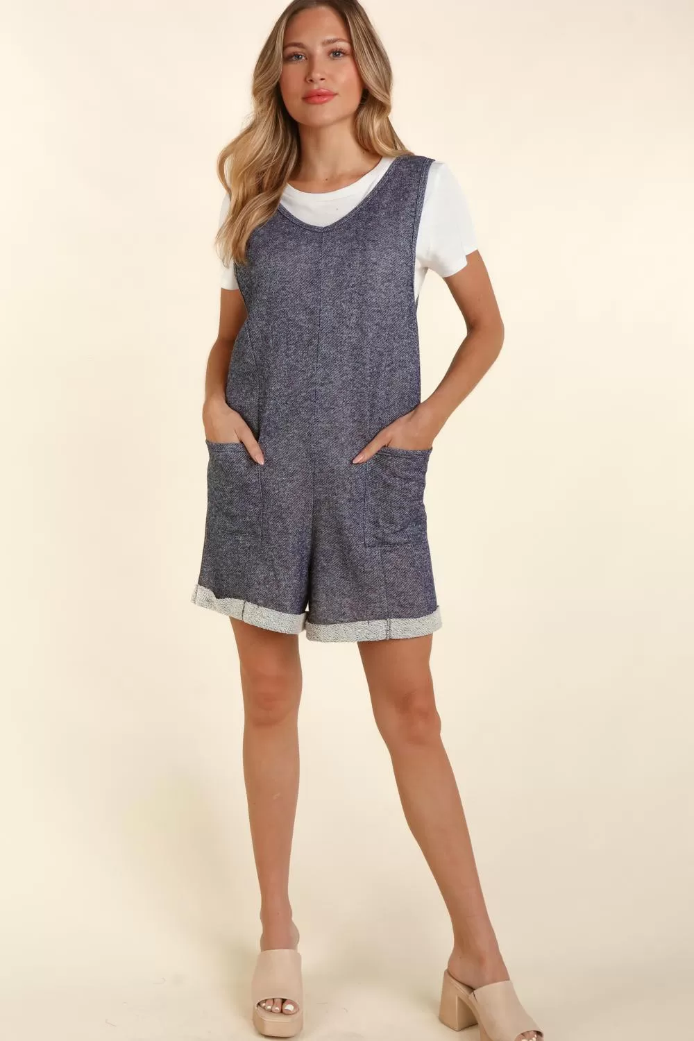 Haptics Sleeveless Two Tone Denim With Pockets Romper