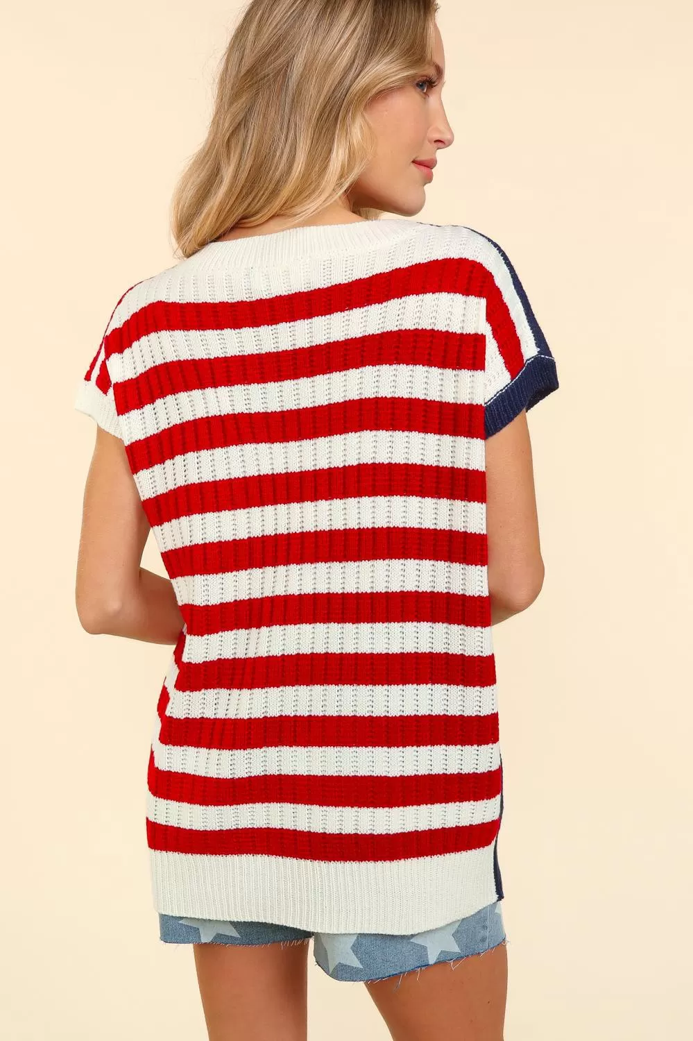 Haptics V-Neck Dolman Patriotic American Flag Knit Top