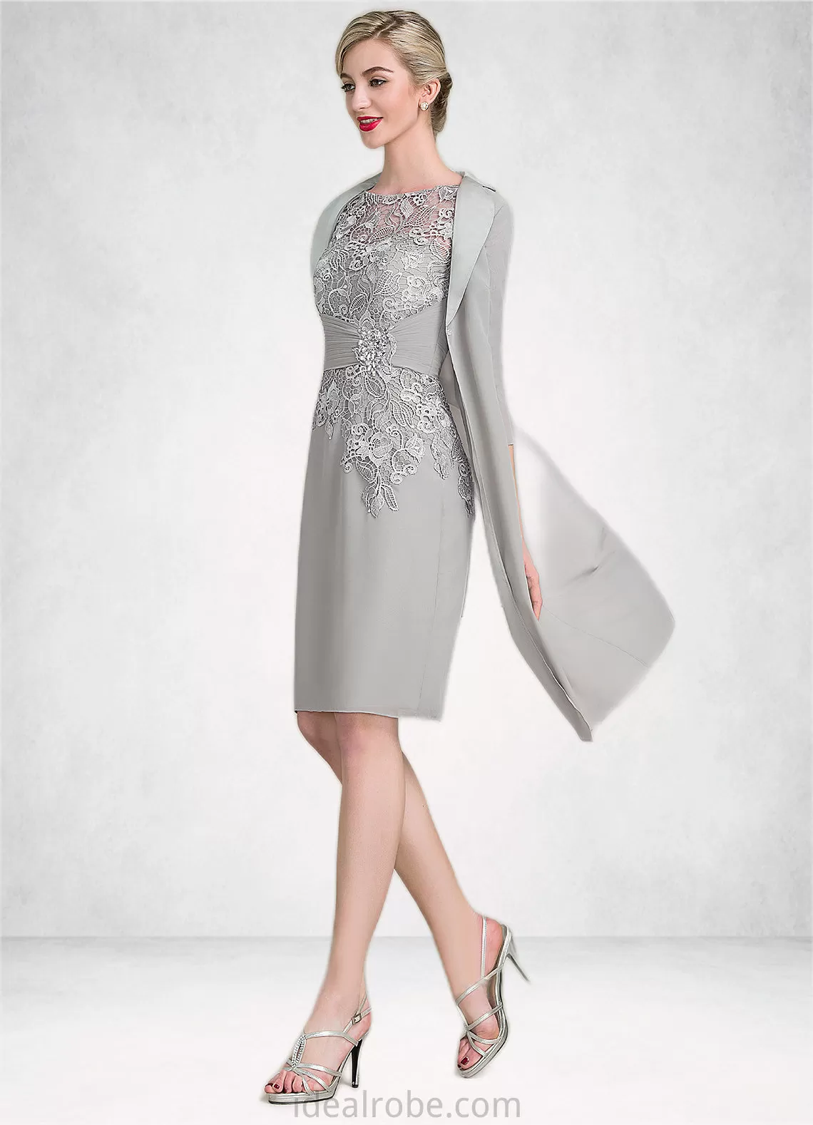 Josie Sheath/Column Scoop Neck Knee-Length Chiffon Lace Mother of the Bride Dress With Ruffle Beading STK126P0014821