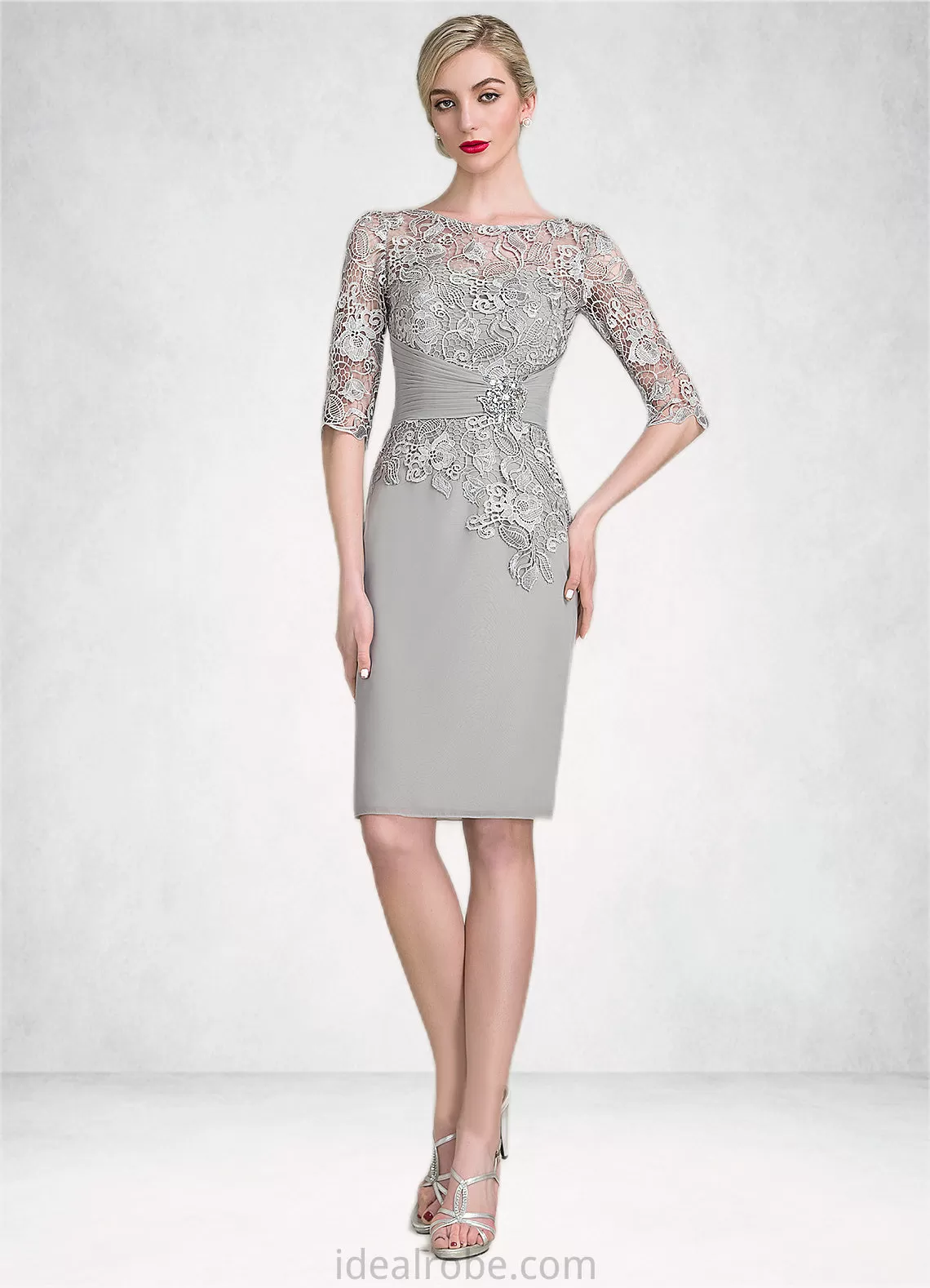 Josie Sheath/Column Scoop Neck Knee-Length Chiffon Lace Mother of the Bride Dress With Ruffle Beading STK126P0014821