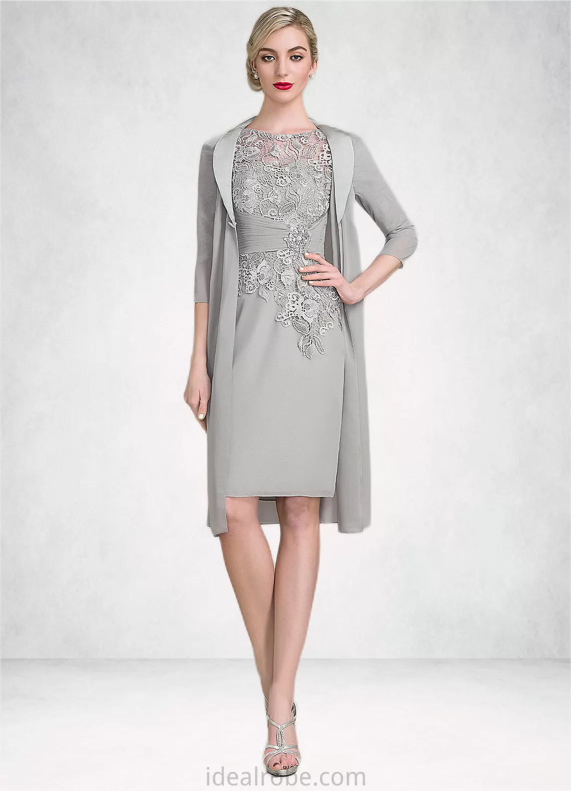 Josie Sheath/Column Scoop Neck Knee-Length Chiffon Lace Mother of the Bride Dress With Ruffle Beading STK126P0014821