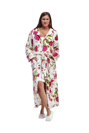 La Cera Floral Fleece Bathrobe with Belt