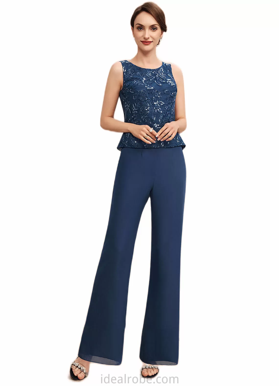 Layla Jumpsuit/Pantsuit Scoop Neck Floor-Length Chiffon Lace Mother of the Bride Dress With Sequins STK126P0014567