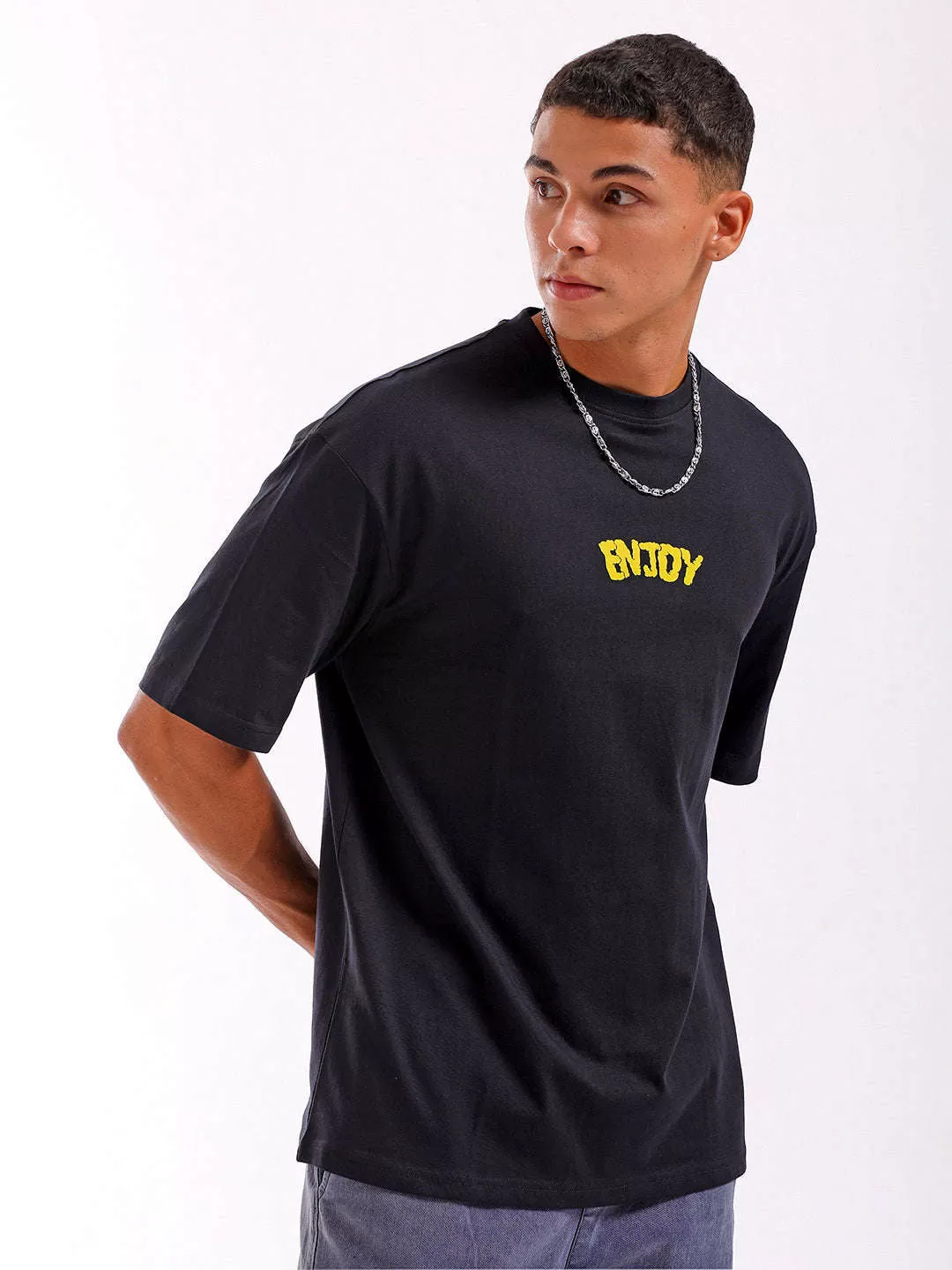 Men Black Oversized Fit Back Printed T-Shirt