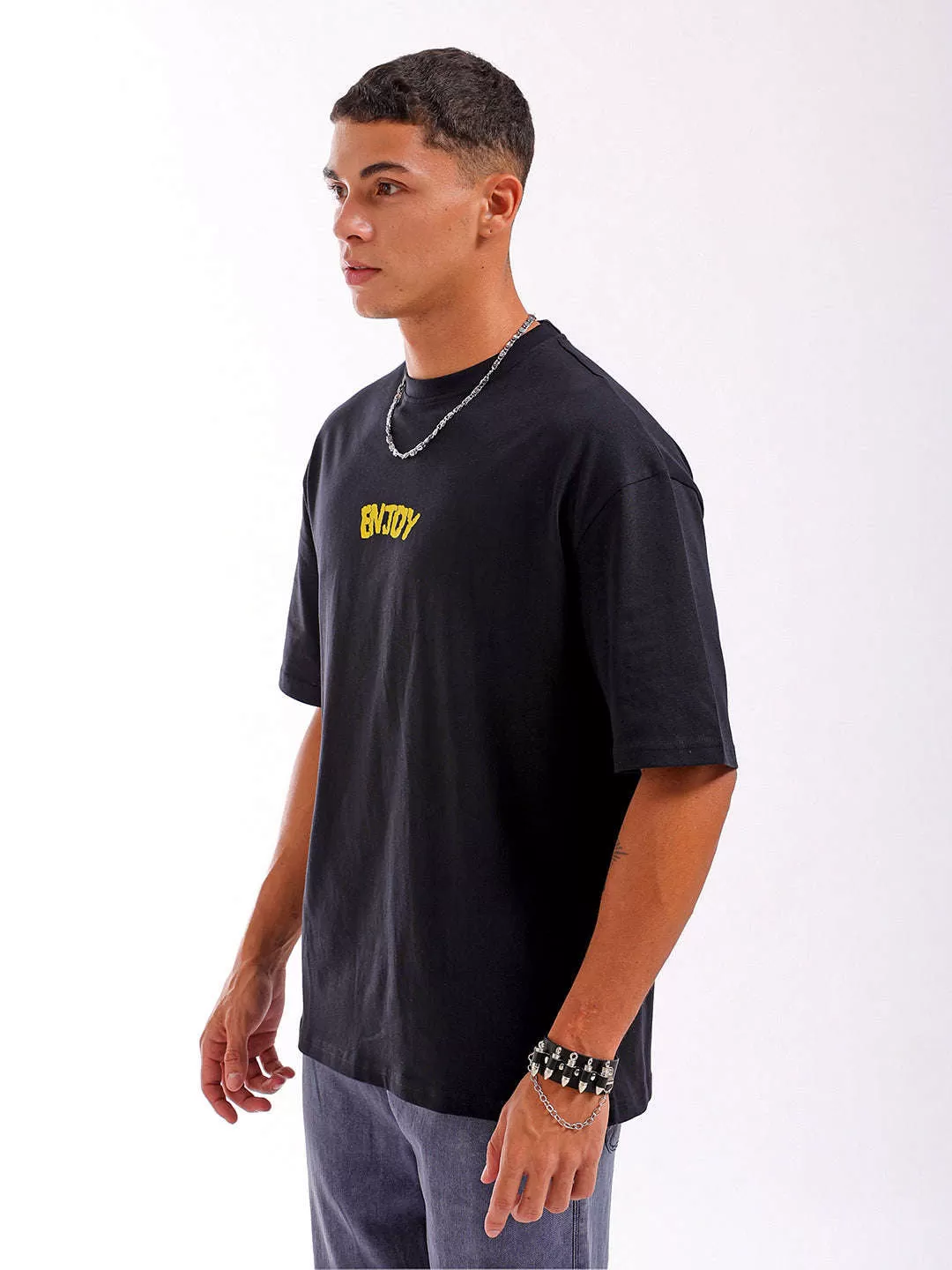 Men Black Oversized Fit Back Printed T-Shirt