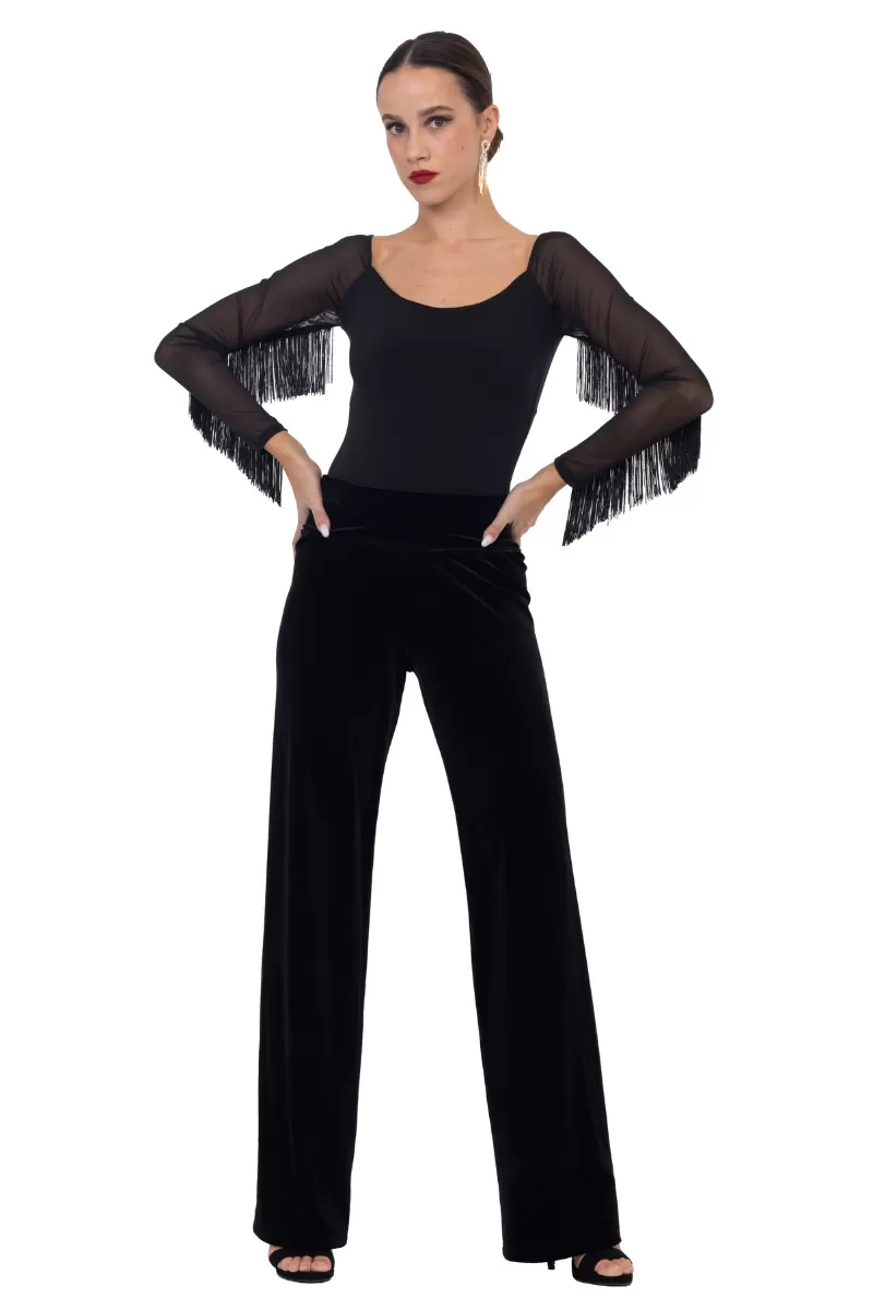 Mesh Long Sleeve Bodysuit with Fringe Details