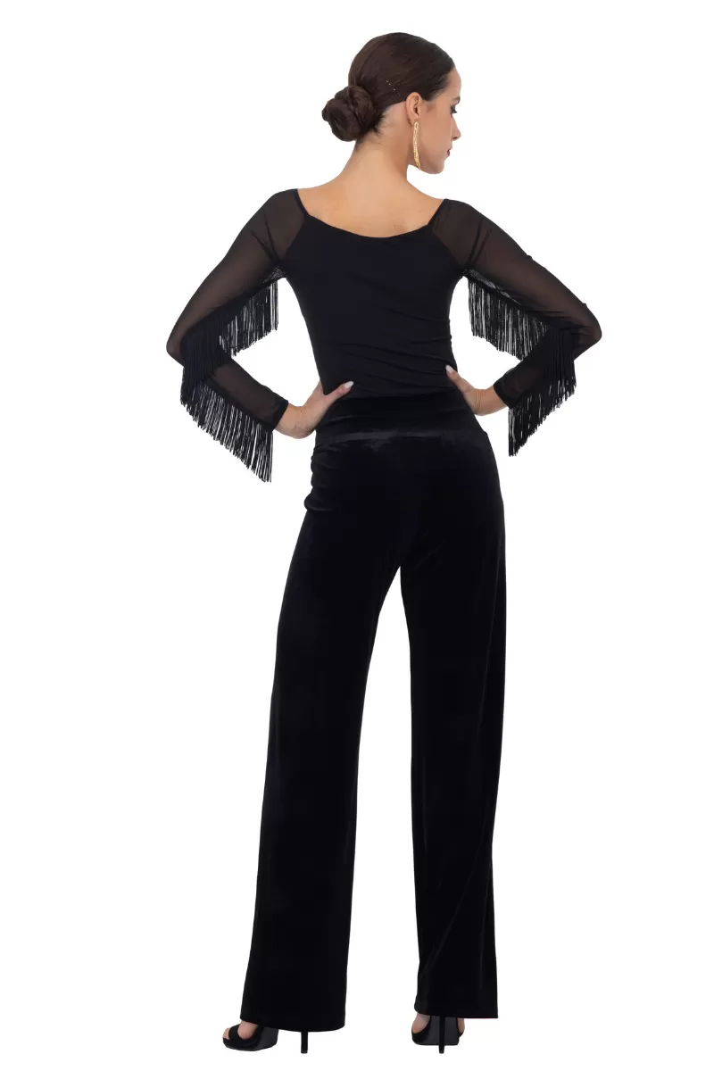 Mesh Long Sleeve Bodysuit with Fringe Details