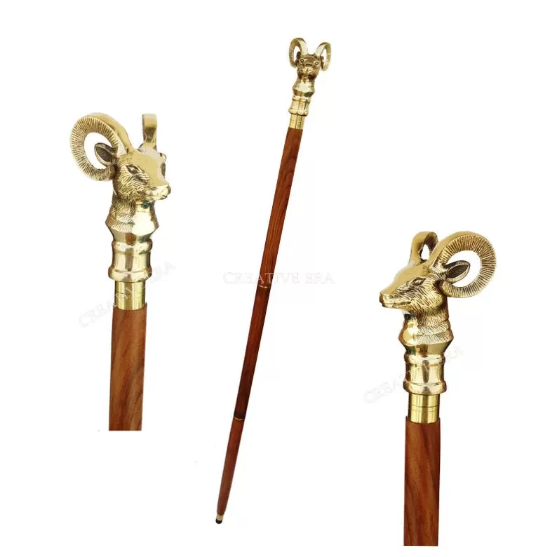 Mountain Goat Brass Handle Brown Wooden Walking Stick