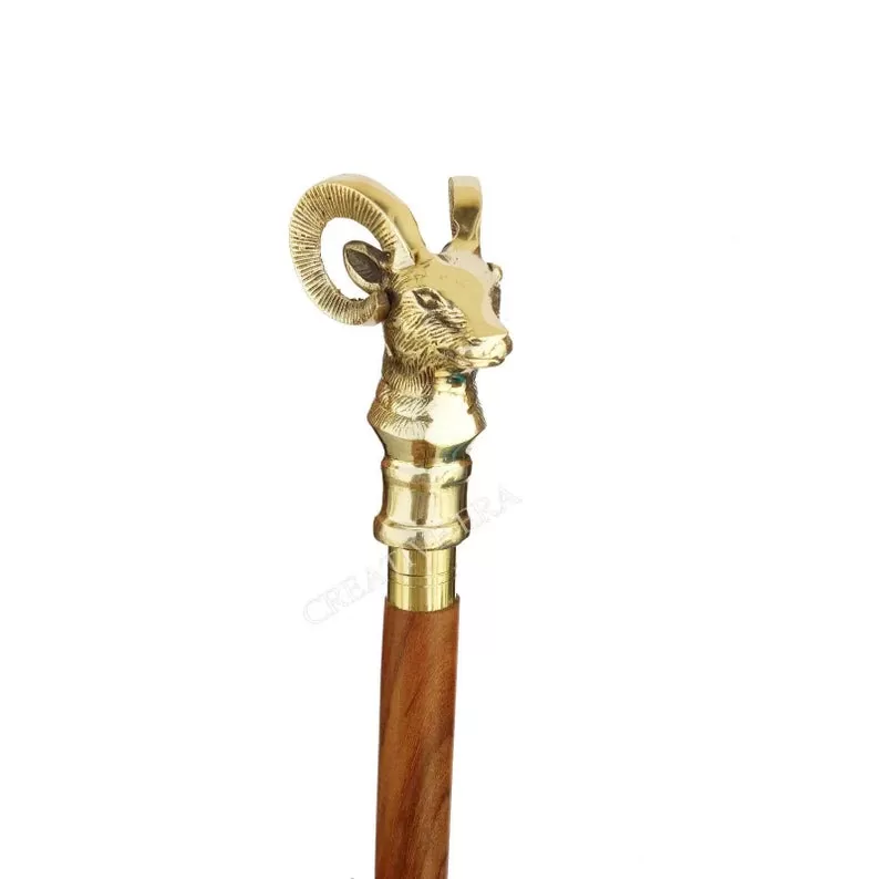 Mountain Goat Brass Handle Brown Wooden Walking Stick