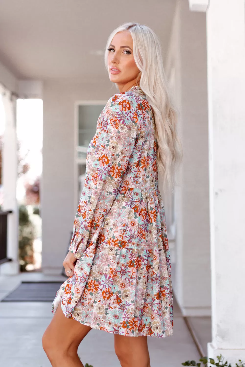 Multicolor Split Neck Buttons Front Shirt Floral Dress