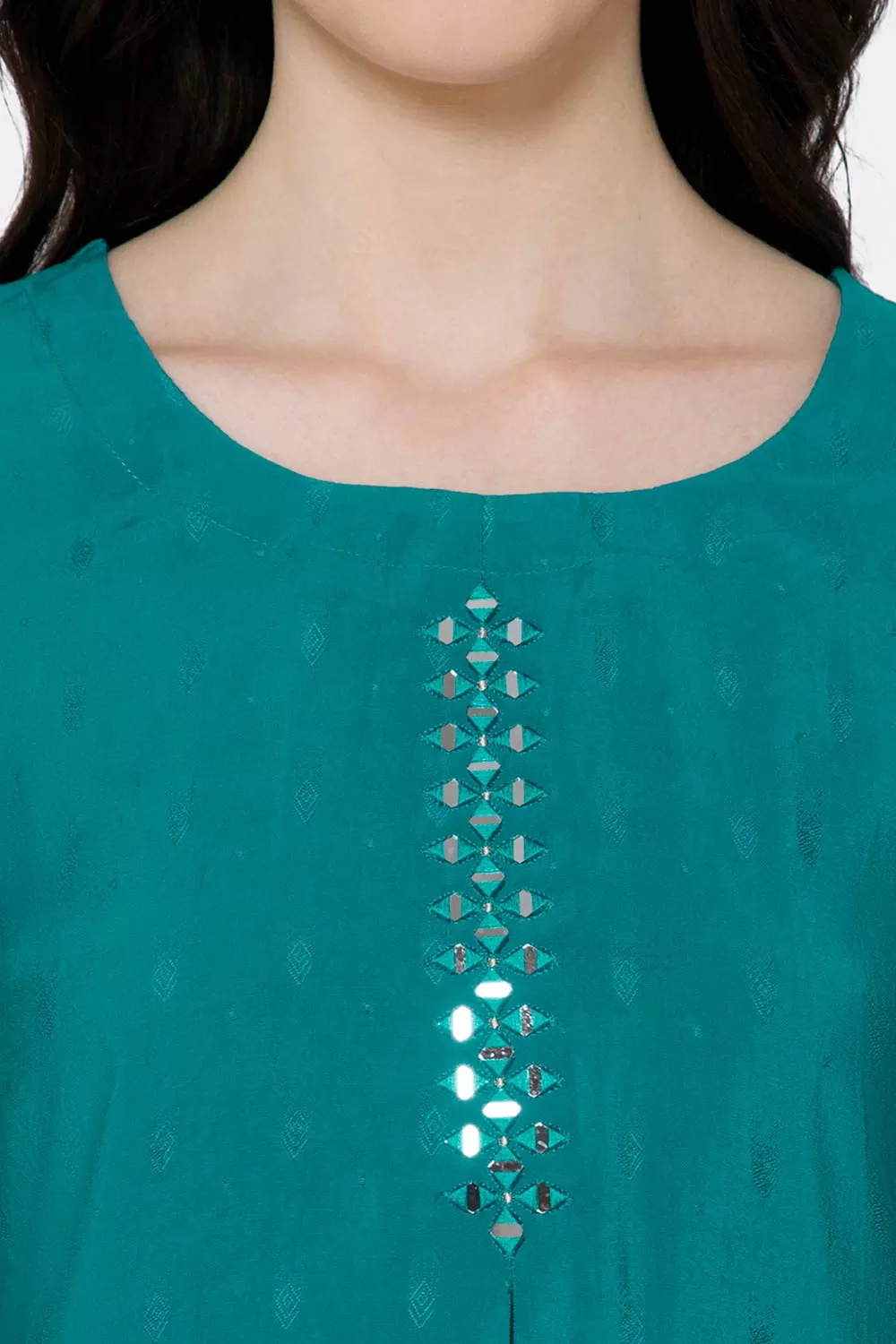 Mythri Women's Casual Tops with Mirror Work At The Center Front  - Blue - E021