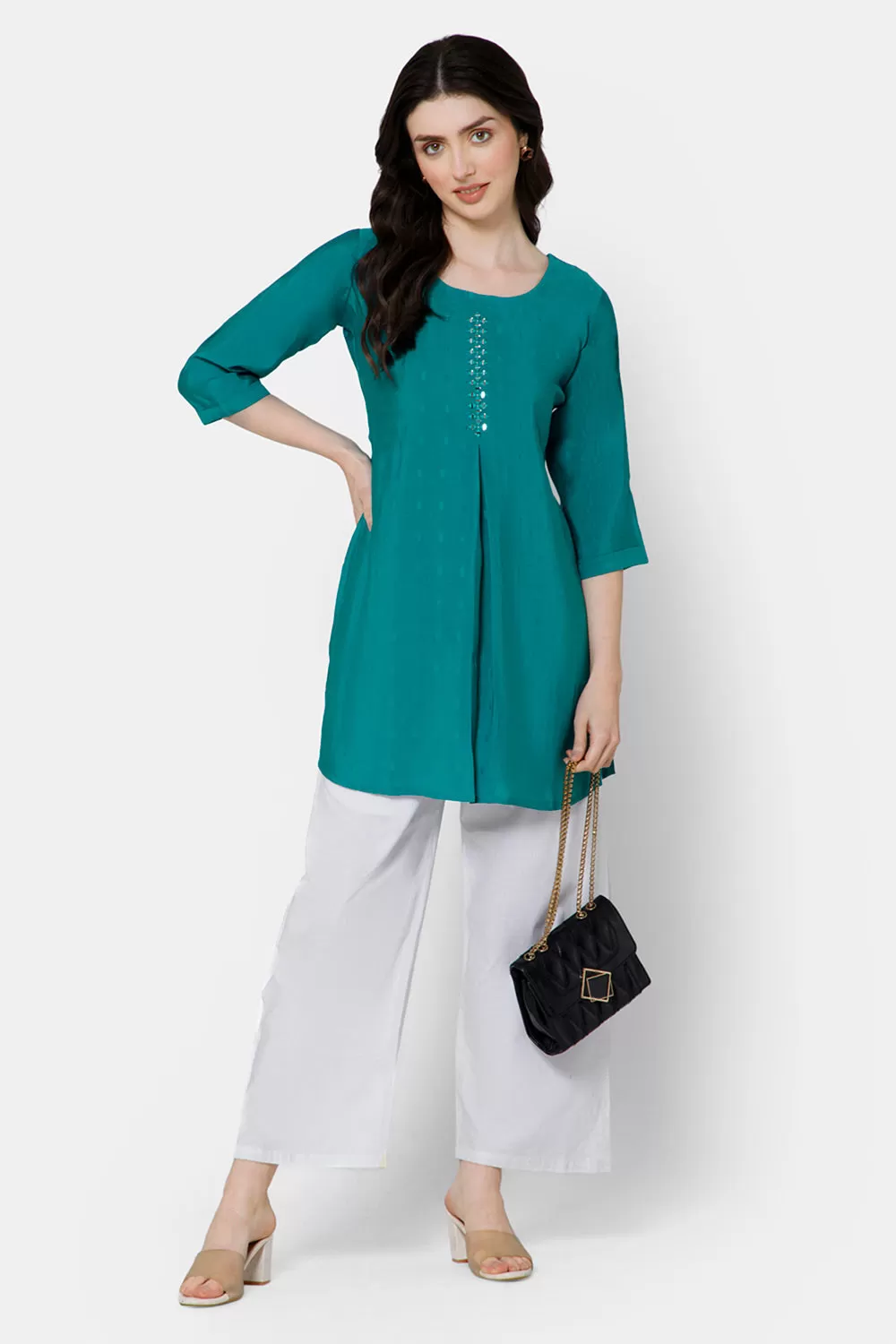 Mythri Women's Casual Tops with Mirror Work At The Center Front  - Blue - E021