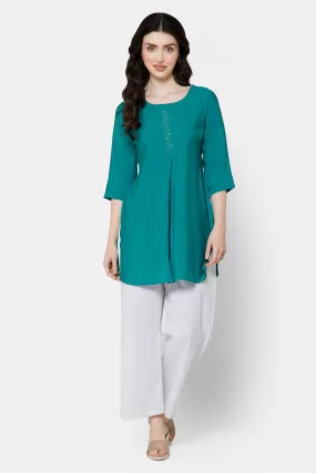 Mythri Women's Casual Tops with Mirror Work At The Center Front  - Blue - E021