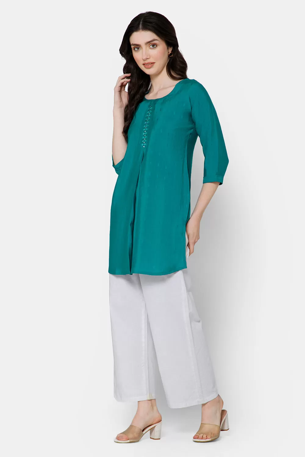 Mythri Women's Casual Tops with Mirror Work At The Center Front  - Blue - E021