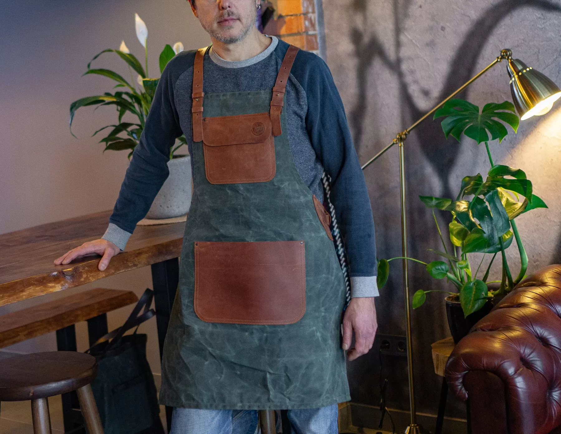 Personalized Workshop Apron | Waxed Olive Сanvas & Brown Leather