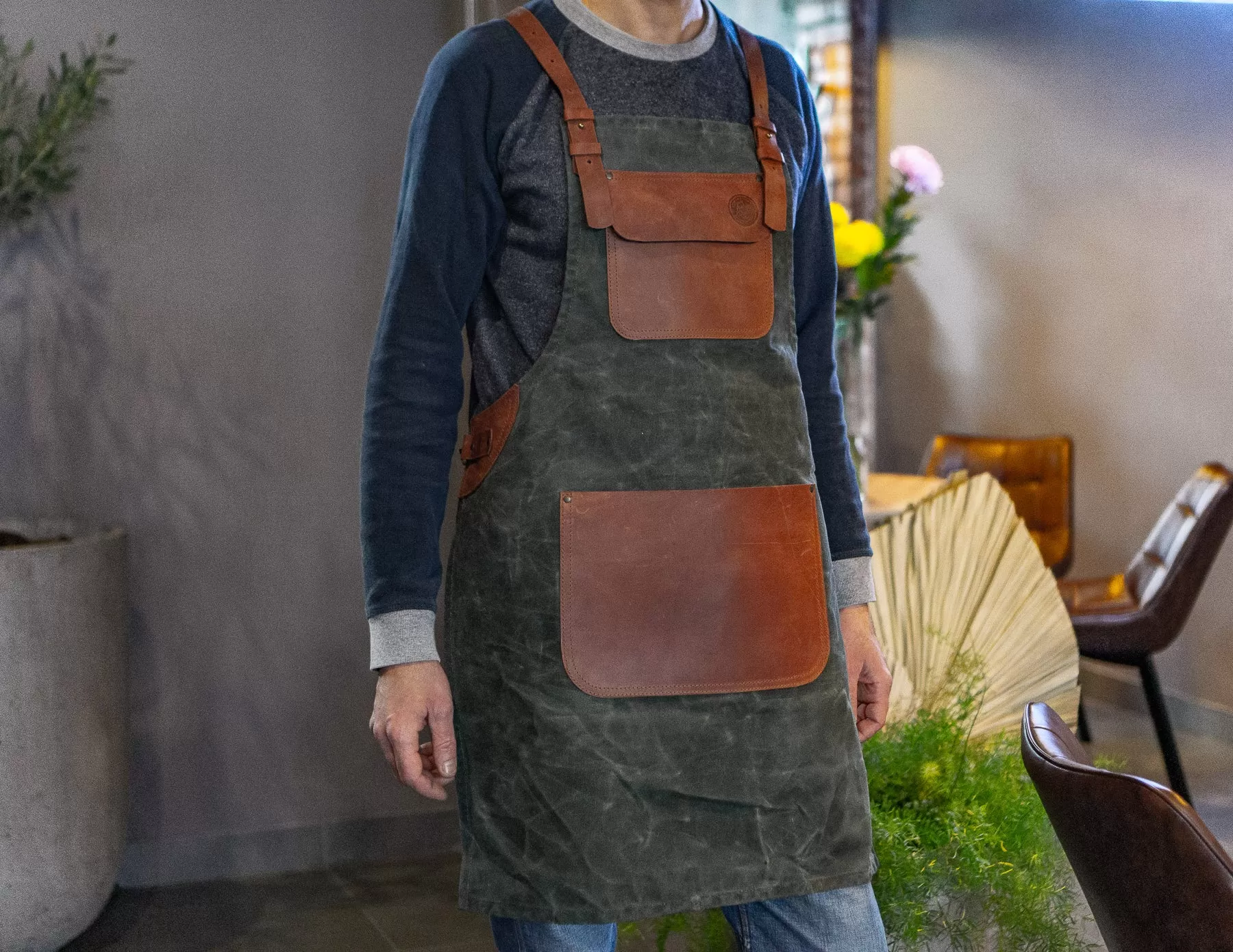 Personalized Workshop Apron | Waxed Olive Сanvas & Brown Leather