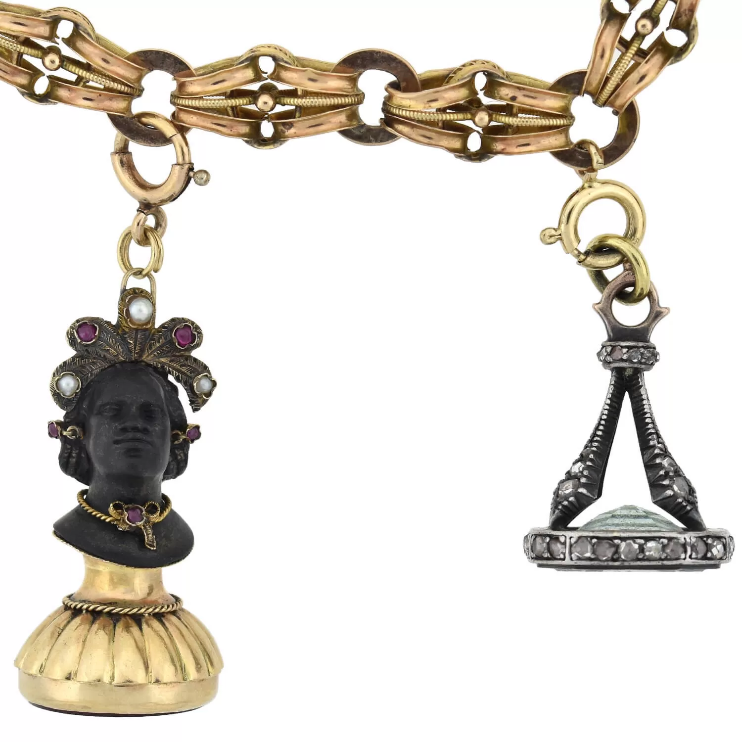 Rare Victorian   Georgian Blackamoor   Multi-Gemstone Fob Compilation Necklace 20.25"