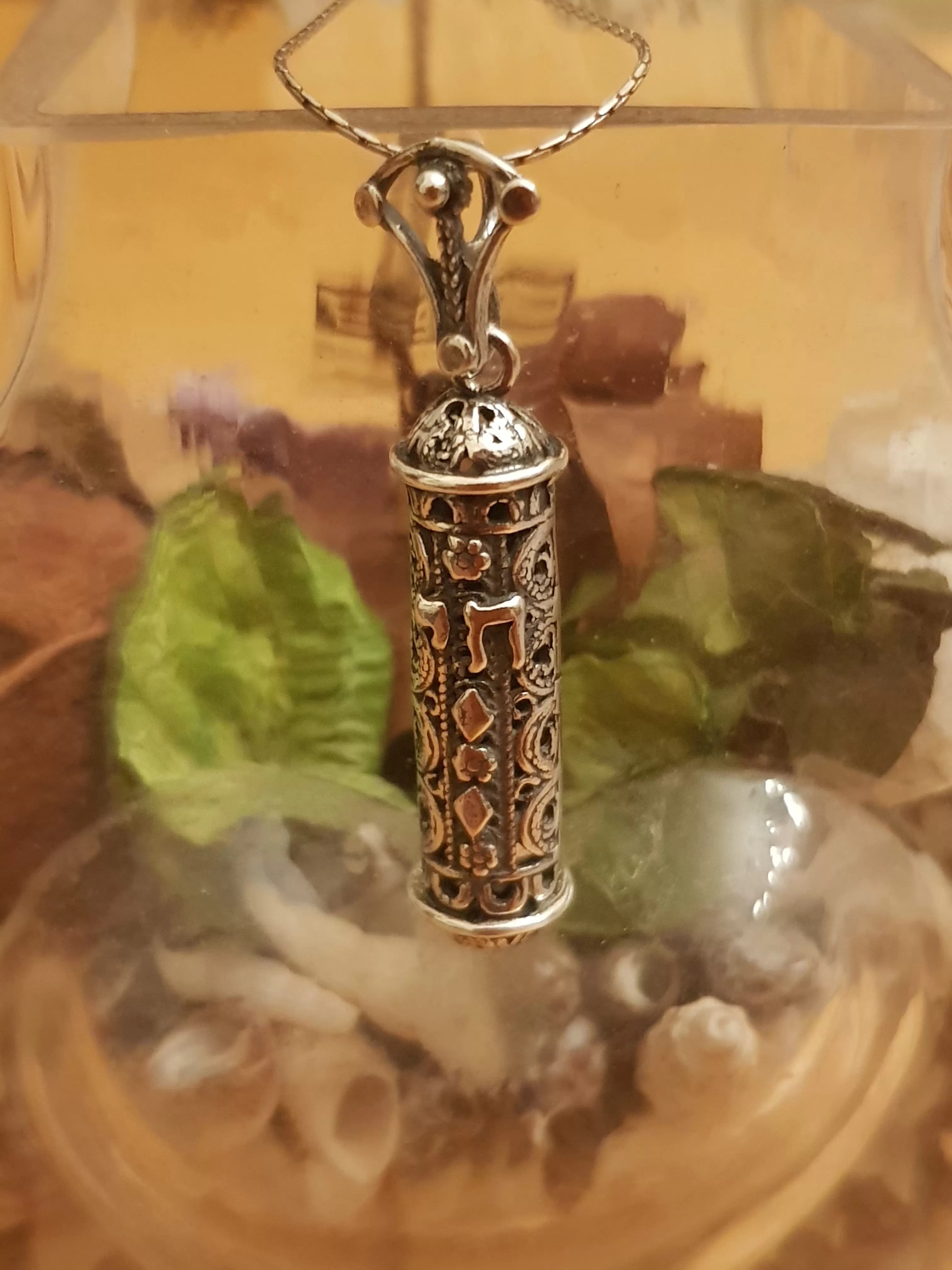 Sterling Silver Mezuzah Necklace, Filigree Chai Pendant Necklace