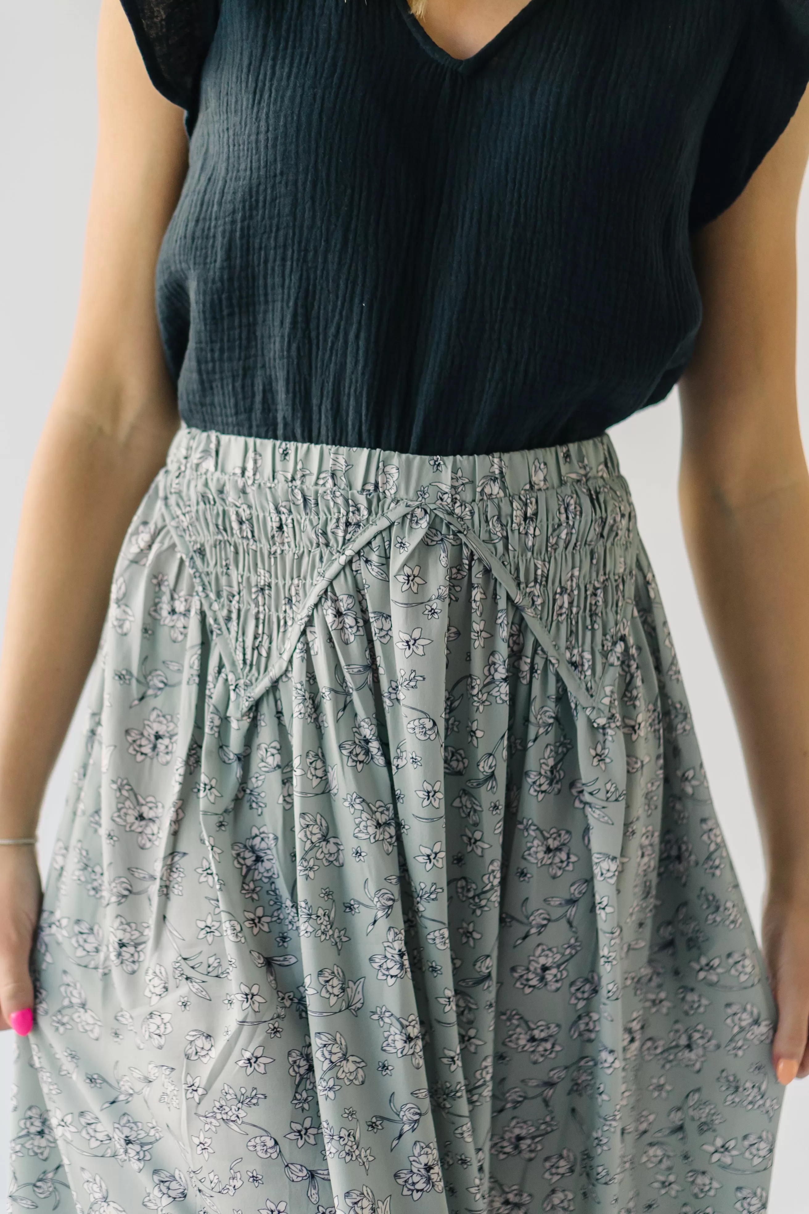 The Claudette Smocked Detail Midi Skirt in Sage