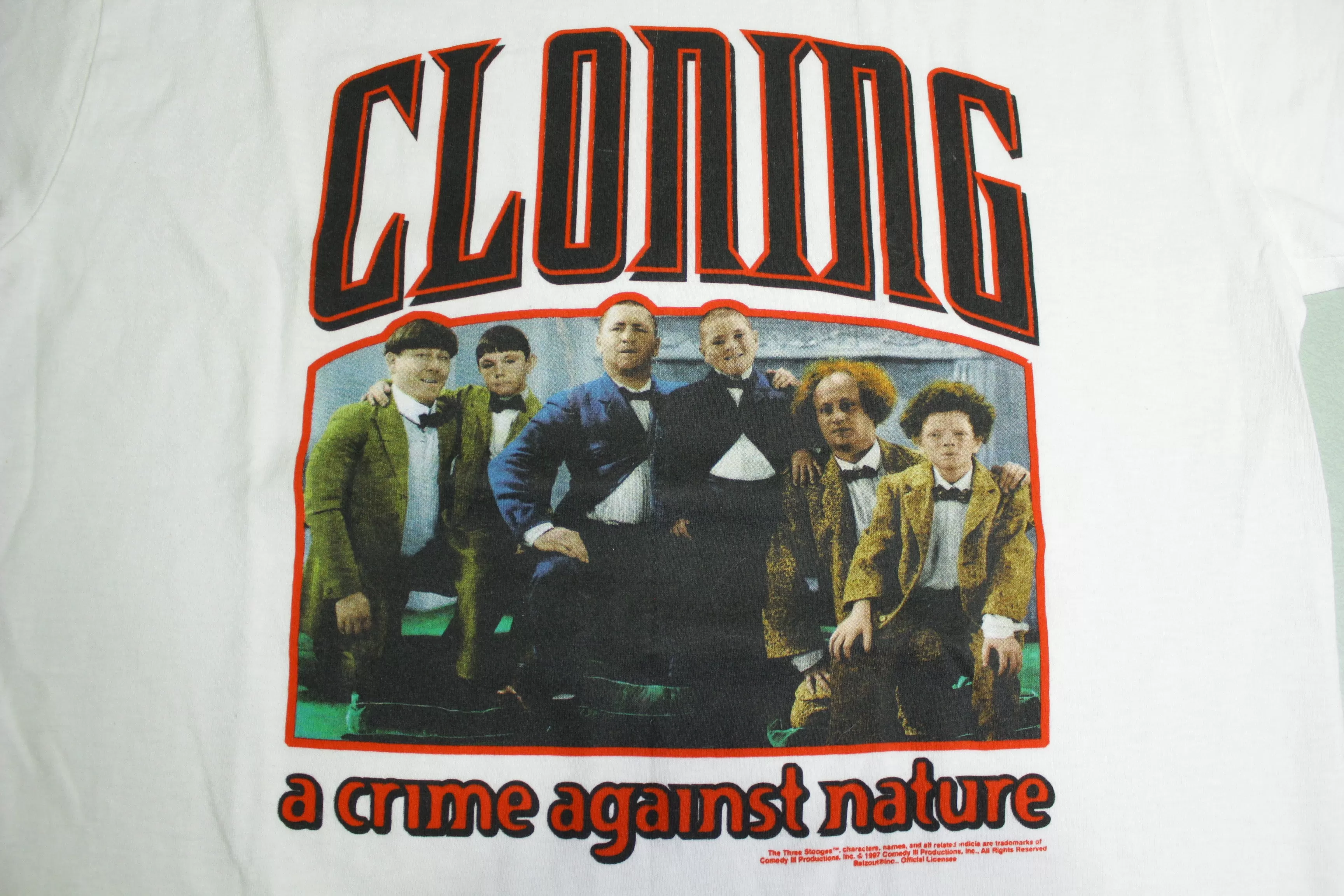 Three Stooges Cloning Crime Against Nature Vintage 90's Promo 1997 Movie Licensed T-Shirt