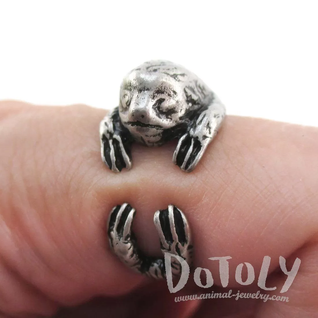 Three Toed Sloth Shaped Animal Wrapped Around Your Finger Ring in Silver